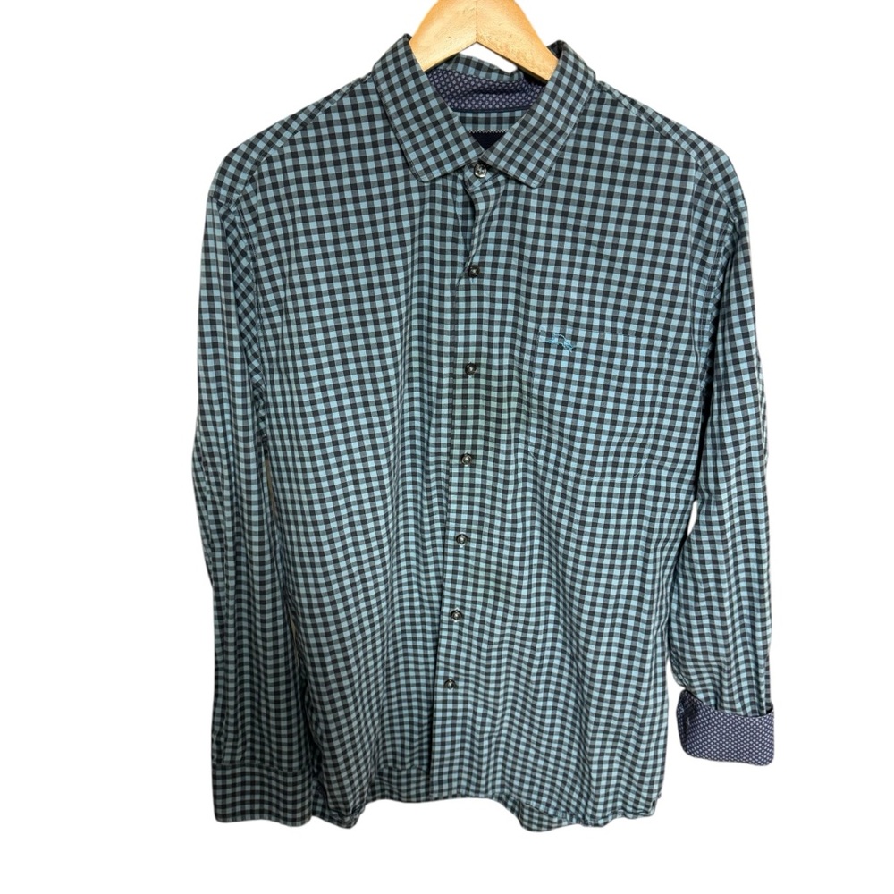 Tommy Bahama blue plaid long sleeve button down shirt size large, flip‎ cuffs